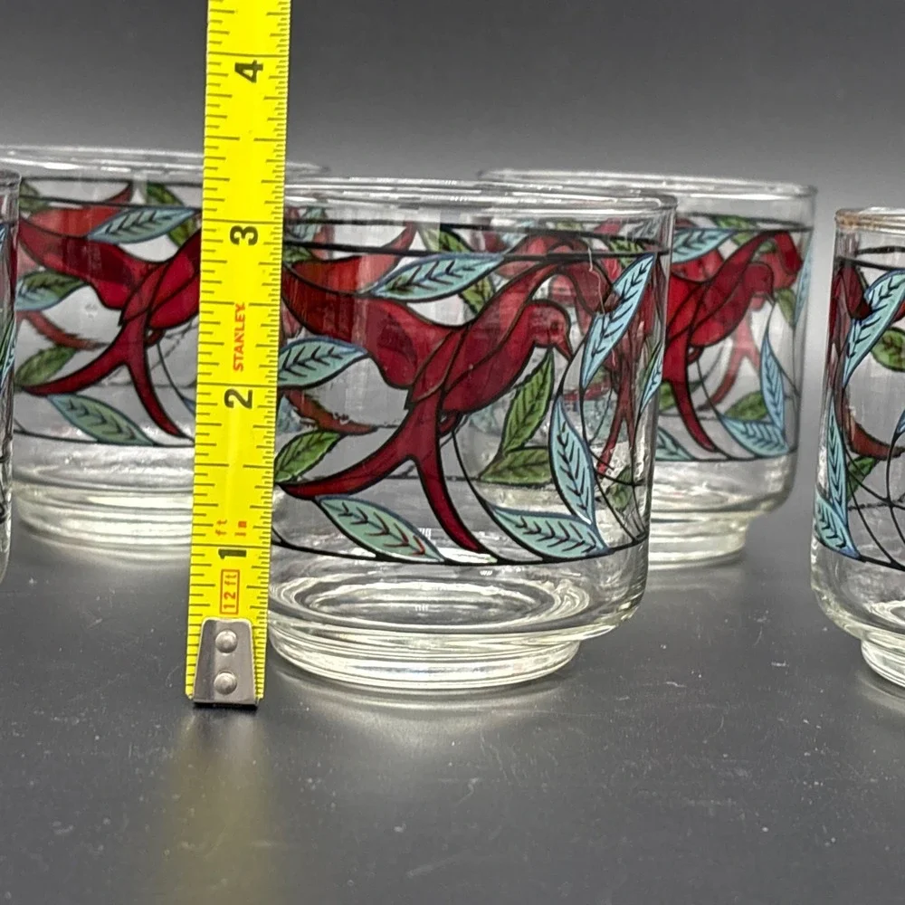 Vintage 1970s Libbey Red Bird Stained Glass Tumblers Lowball Glasses Set of 6